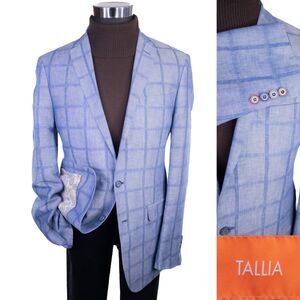 Tallia Mens Blazer 40L Linen Cotton Plaid Sport Coat Checkered